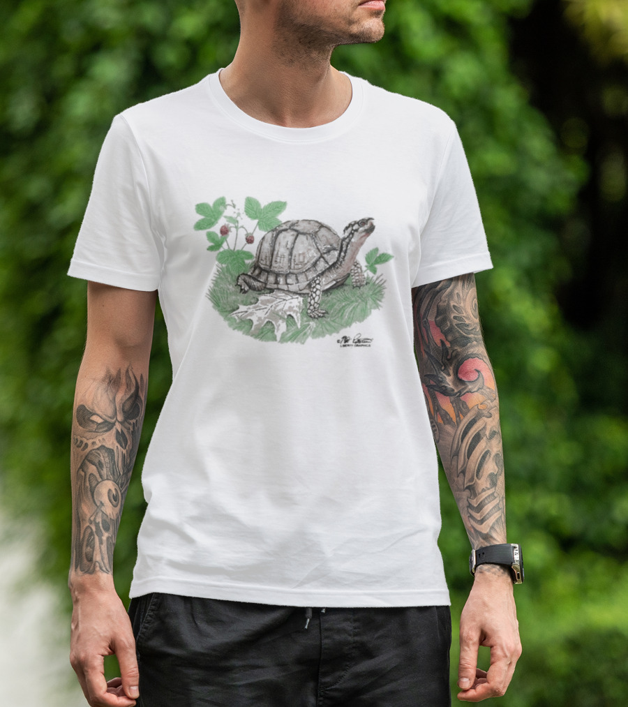 Naturet Turtle Among Berries And Greenery On Stone Base T-Shirt