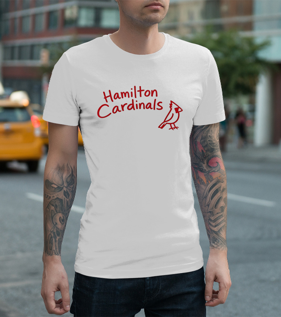Hamilton Cardinals Red Text with Cardinal Drawing T-Shirt