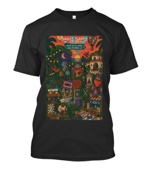 Same Same But Different Festival September 25 27 2026 Lake Perris CA Hot Air Balloon Tropical Landscape T-Shirt