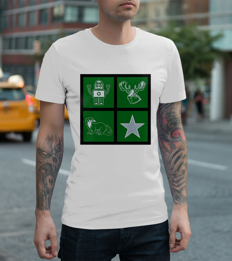 Robot Moose Otter Star Quadrant On Green T-Shirt