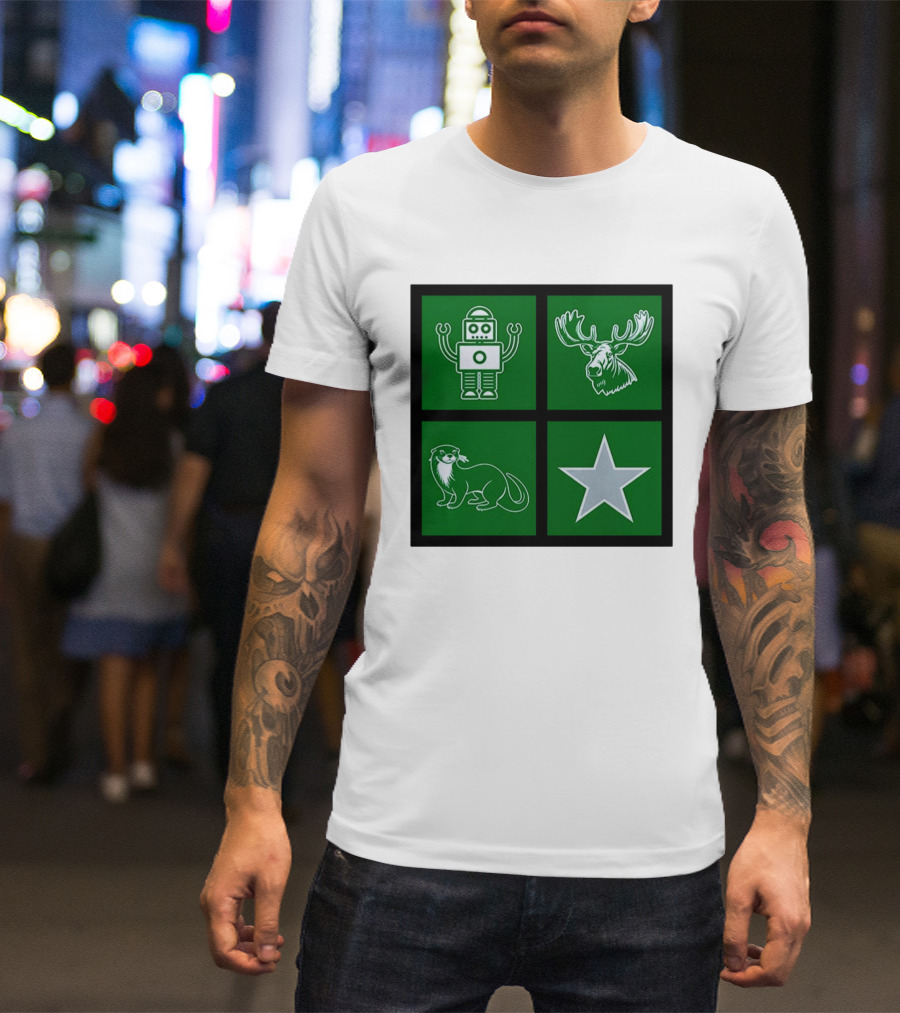 Robot Moose Otter Star Quadrant On Green T-Shirt