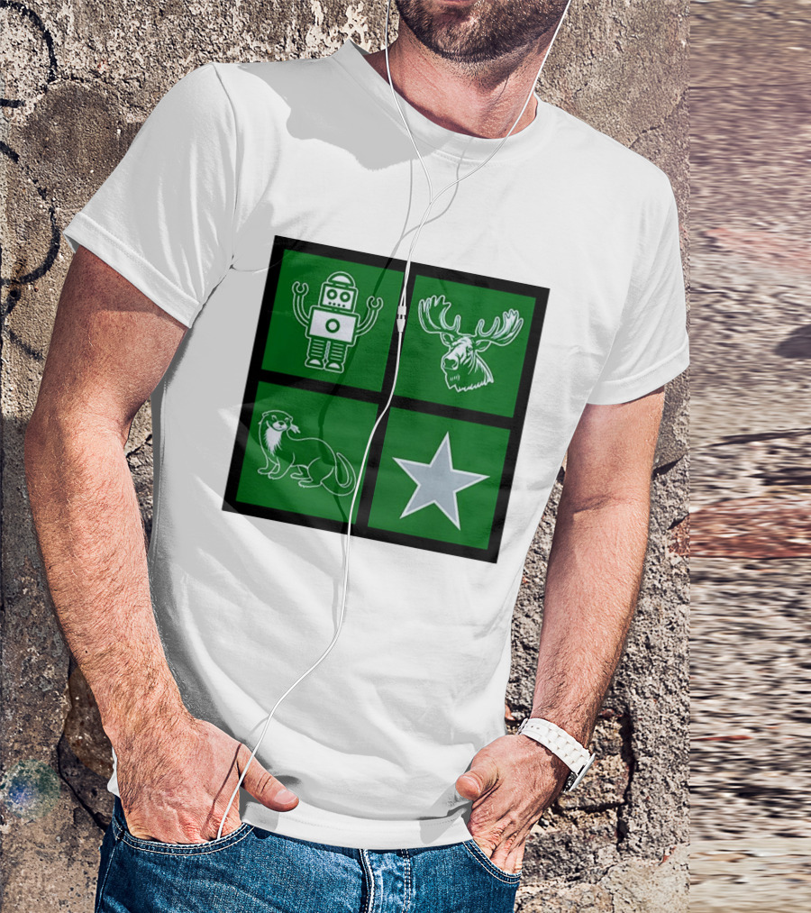 Robot Moose Otter Star Quadrant On Green T-Shirt