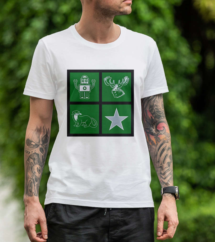Robot Moose Otter Star Quadrant On Green T-Shirt