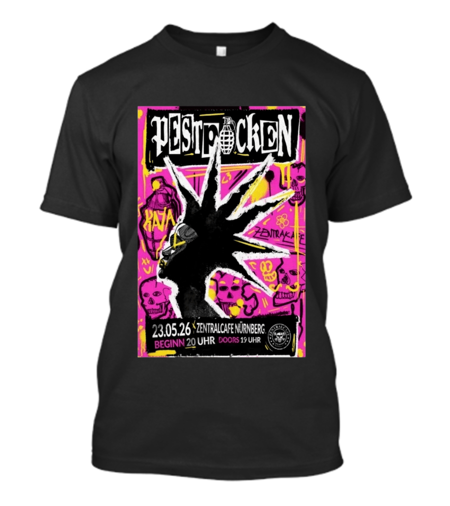 PESTPOCKEN May 23 2026 Zentralcafe Nürnberg Punk Grenade Graphic Skulls Graffiti T-Shirt