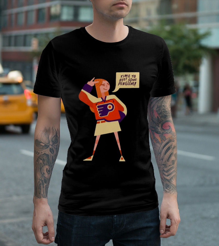 Philadelphia Flyers Time To Bust Some Penguins Retro Cartoon T-Shirt