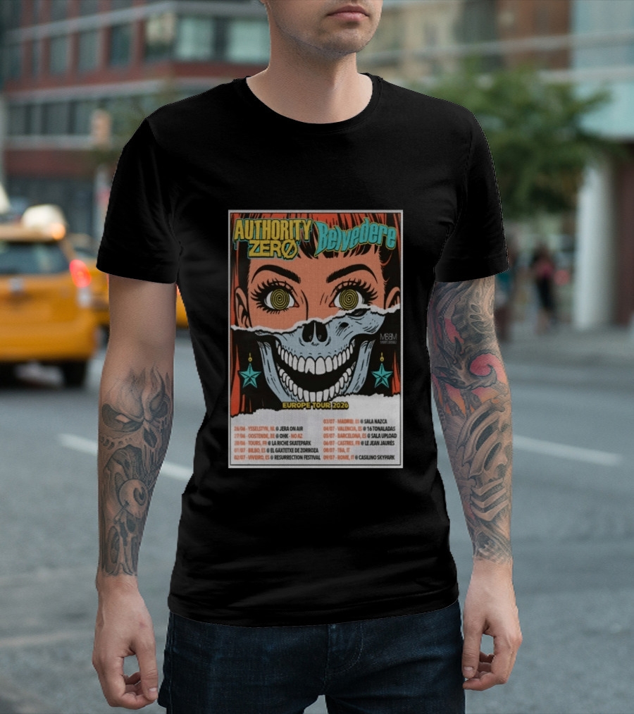 Authority Zero Belvedere Europe Tour 2026 Featuring Futuristic Comic Art Style With Date And Venue List T-Shirt