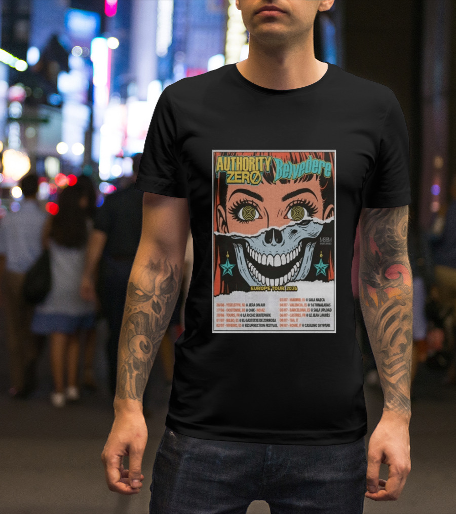 Authority Zero Belvedere Europe Tour 2026 Featuring Futuristic Comic Art Style With Date And Venue List T-Shirt