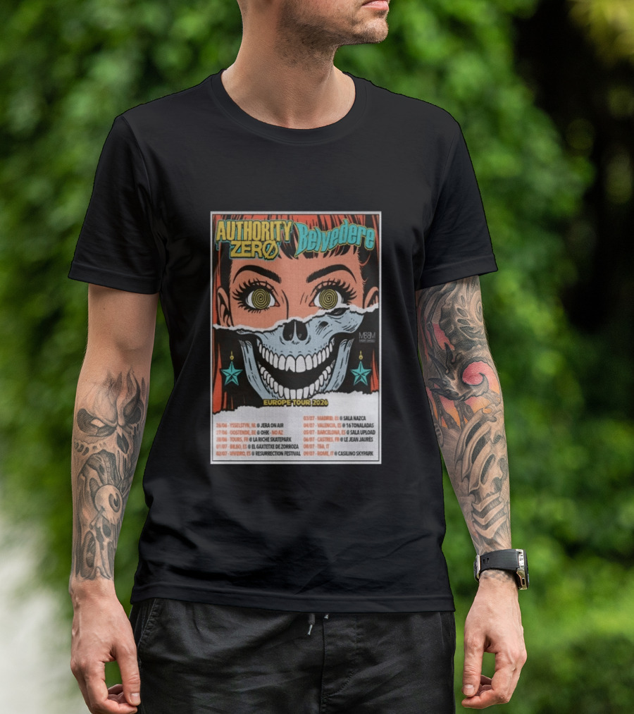 Authority Zero Belvedere Europe Tour 2026 Featuring Futuristic Comic Art Style With Date And Venue List T-Shirt