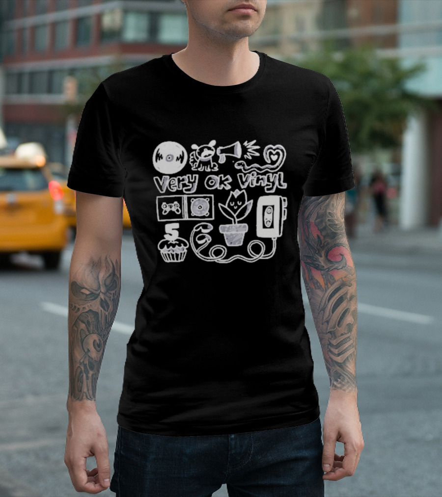 Very Ok Vinyl 5th Anniversary Cupcake Flower Megaphone Heart Cassette Doodle T-Shirt