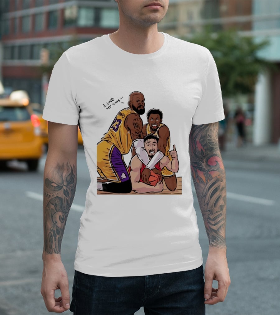 Lebron James Lakers Family Bronny Sengun Cartoon Basketball Scene T-Shirt