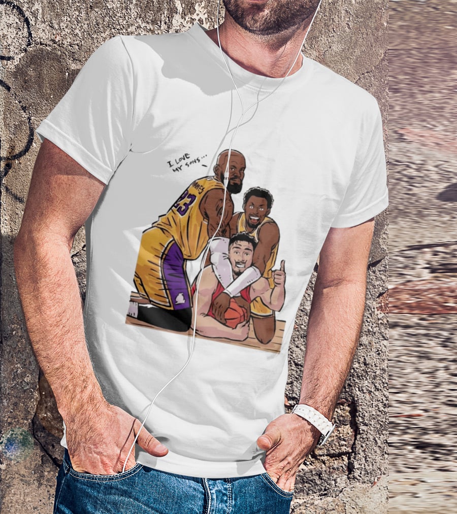 Lebron James Lakers Family Bronny Sengun Cartoon Basketball Scene T-Shirt