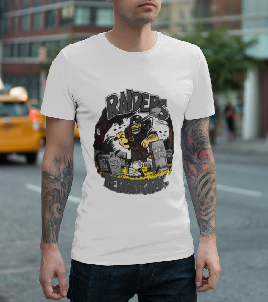 Raiders Territory Cartoon Character With Shovel And Tombstones T-Shirt