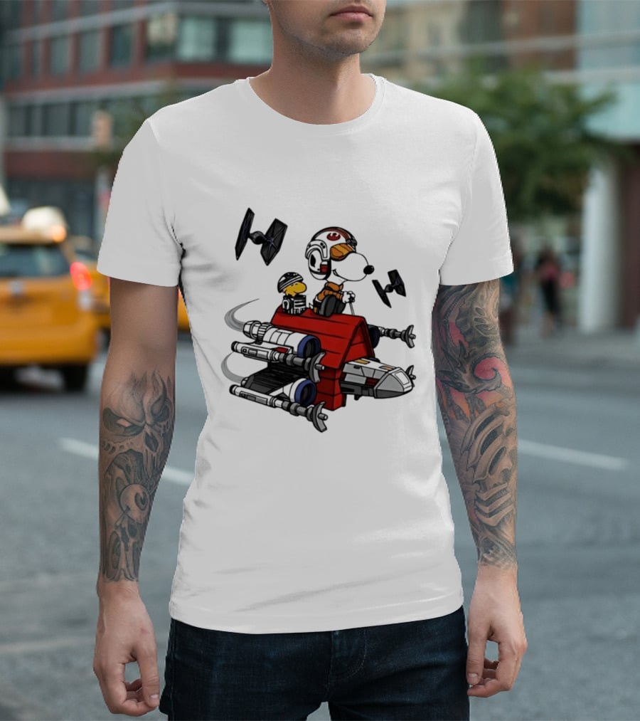 Space Beagle Snoopy Star Wars X Wing Doghouse Woodstock TIE Fighters T-Shirt