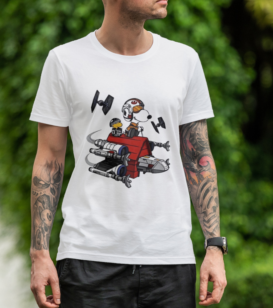 Space Beagle Snoopy Star Wars X Wing Doghouse Woodstock TIE Fighters T-Shirt