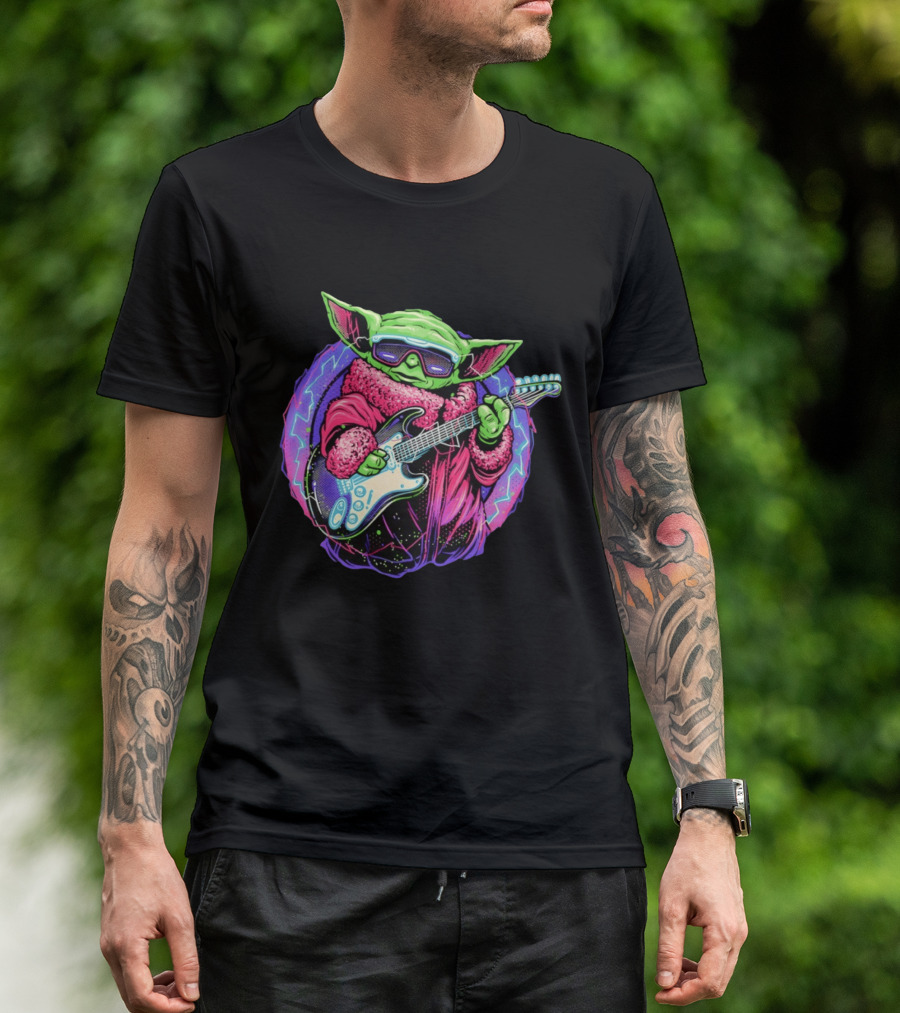 Grogu Electric Galaxy Guitar Blue Neon Lightning T-Shirt