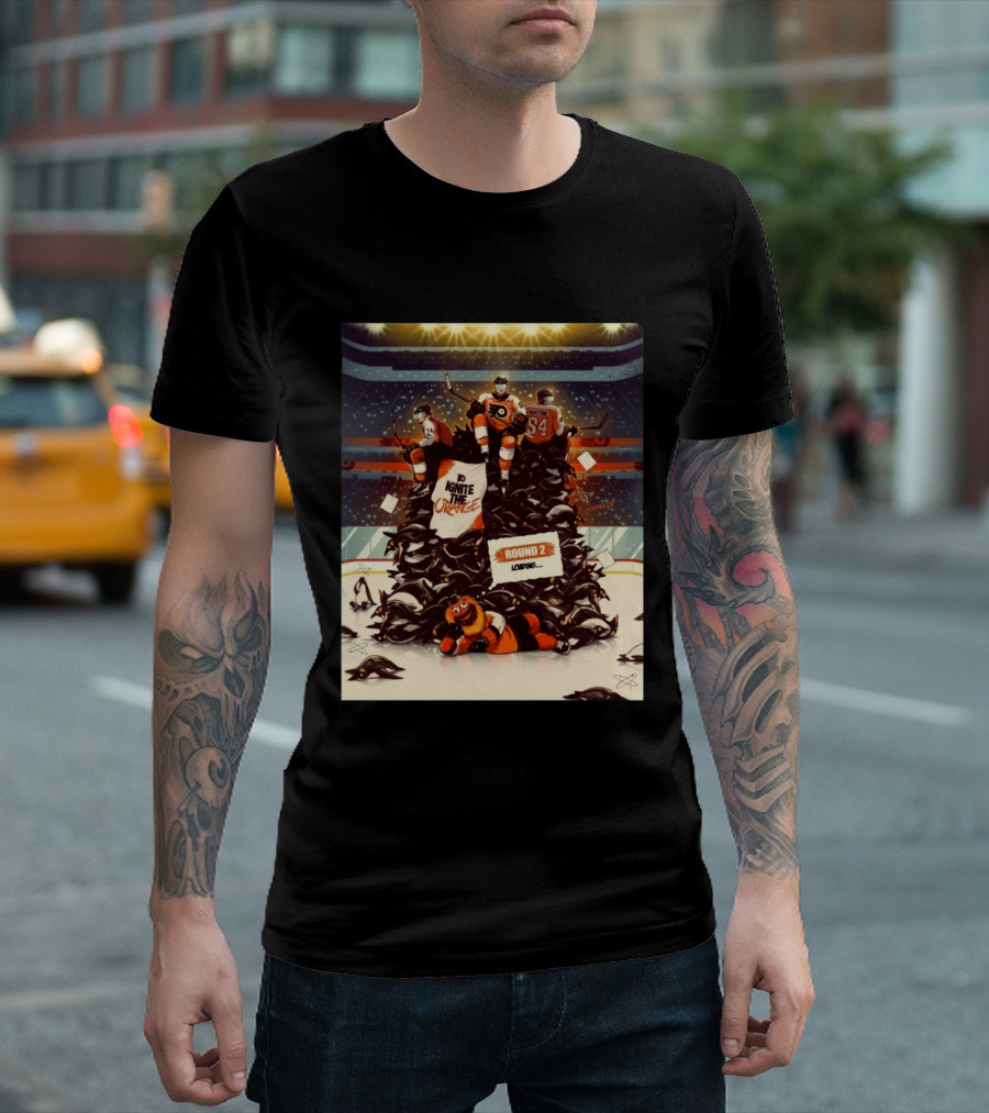 Philadelphia Flyers Ignite The Orange Round 2 Loading Cartoon Hockey Battle T-Shirt