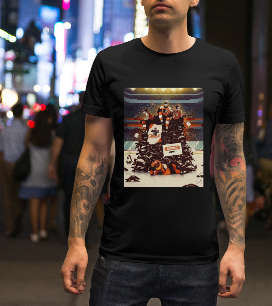 Philadelphia Flyers Ignite The Orange Round 2 Loading Cartoon Hockey Battle T-Shirt