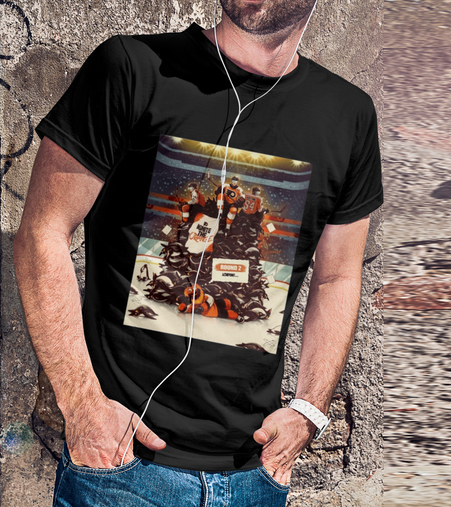 Philadelphia Flyers Ignite The Orange Round 2 Loading Cartoon Hockey Battle T-Shirt