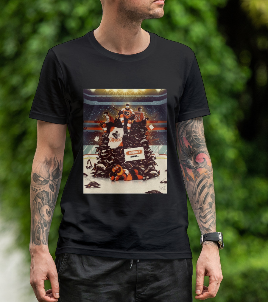 Philadelphia Flyers Ignite The Orange Round 2 Loading Cartoon Hockey Battle T-Shirt