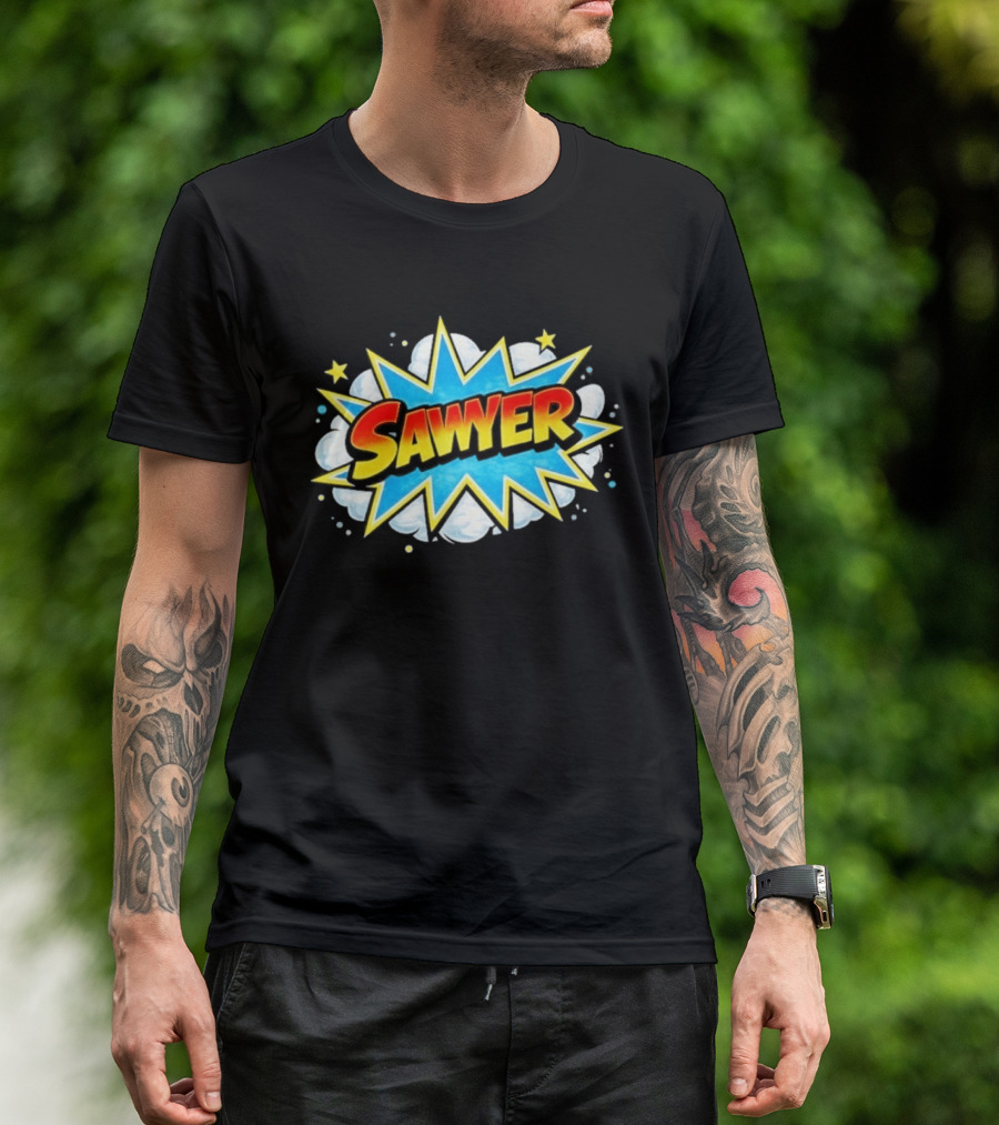 Sawyer Comic Book Style Burst Name With Stars And Clouds T-Shirt