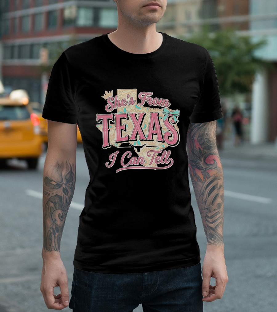 She's From Texas I Can Tell Texas Map Crown Bow T-Shirt
