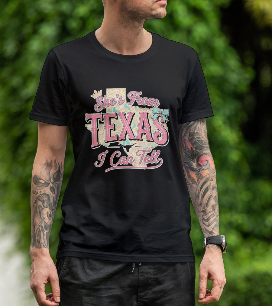 She's From Texas I Can Tell Texas Map Crown Bow T-Shirt