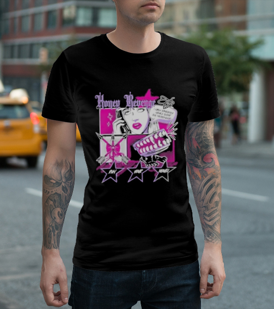 Honey Revenge Comic Style Pink And Black Lips Starburst T-Shirt