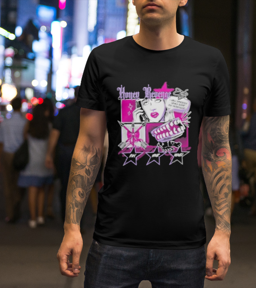 Honey Revenge Comic Style Pink And Black Lips Starburst T-Shirt