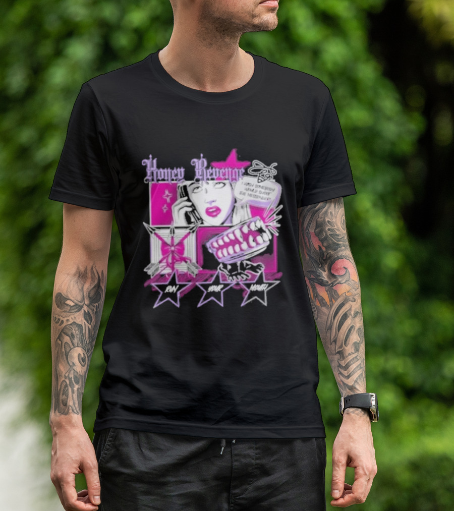 Honey Revenge Comic Style Pink And Black Lips Starburst T-Shirt