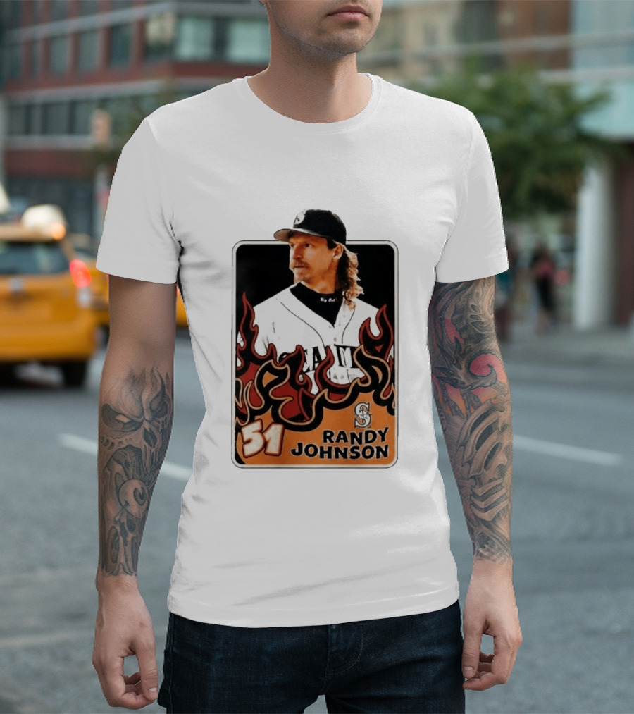 Seattle Mariners Randy Johnson Big Unit 51 MLB Baseball Flames T-Shirt