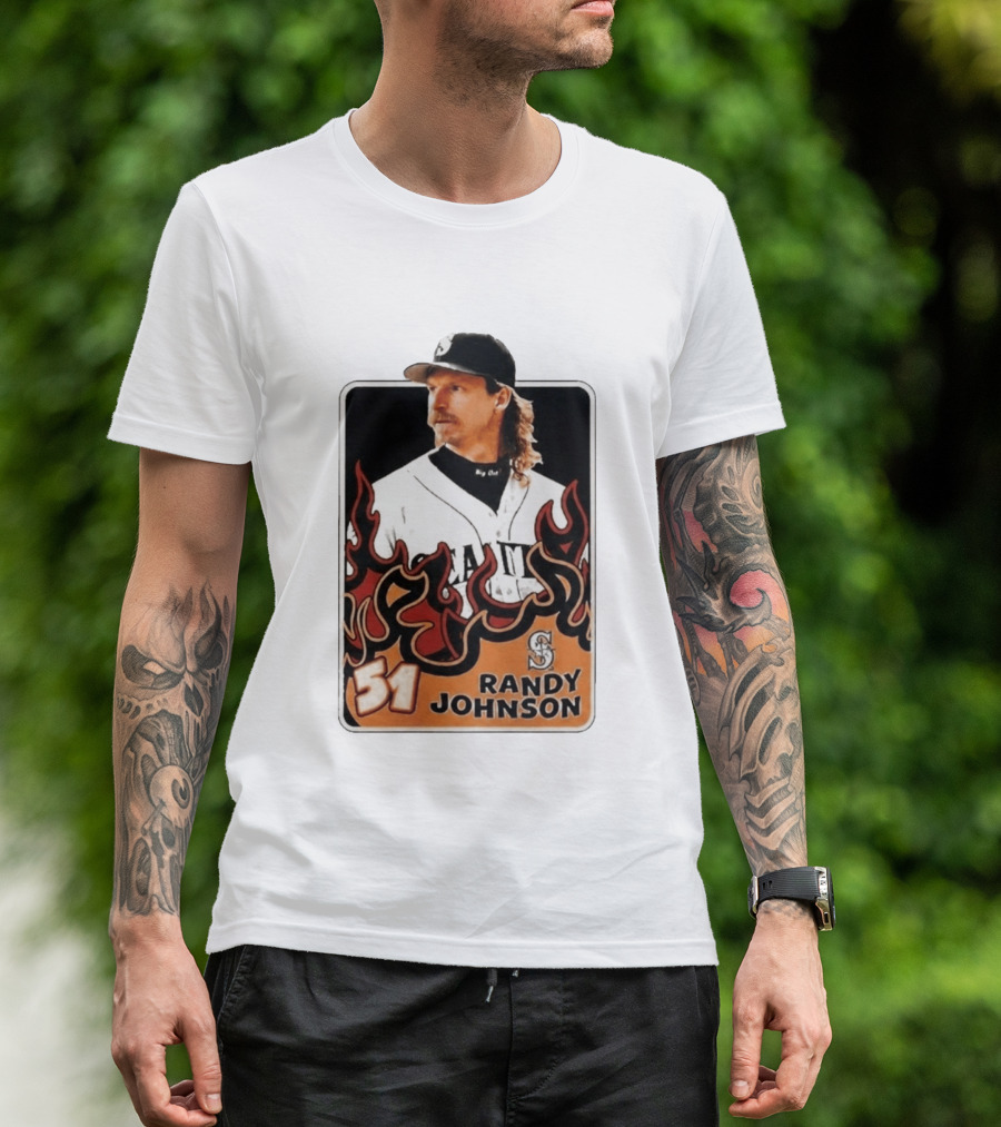 Seattle Mariners Randy Johnson Big Unit 51 MLB Baseball Flames T-Shirt