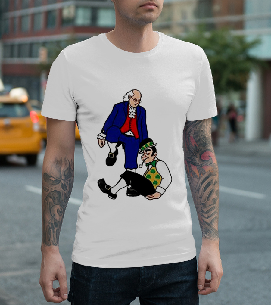 Ben Franklin Stepover Cartoon Colonial Vs Leprechaun T-Shirt