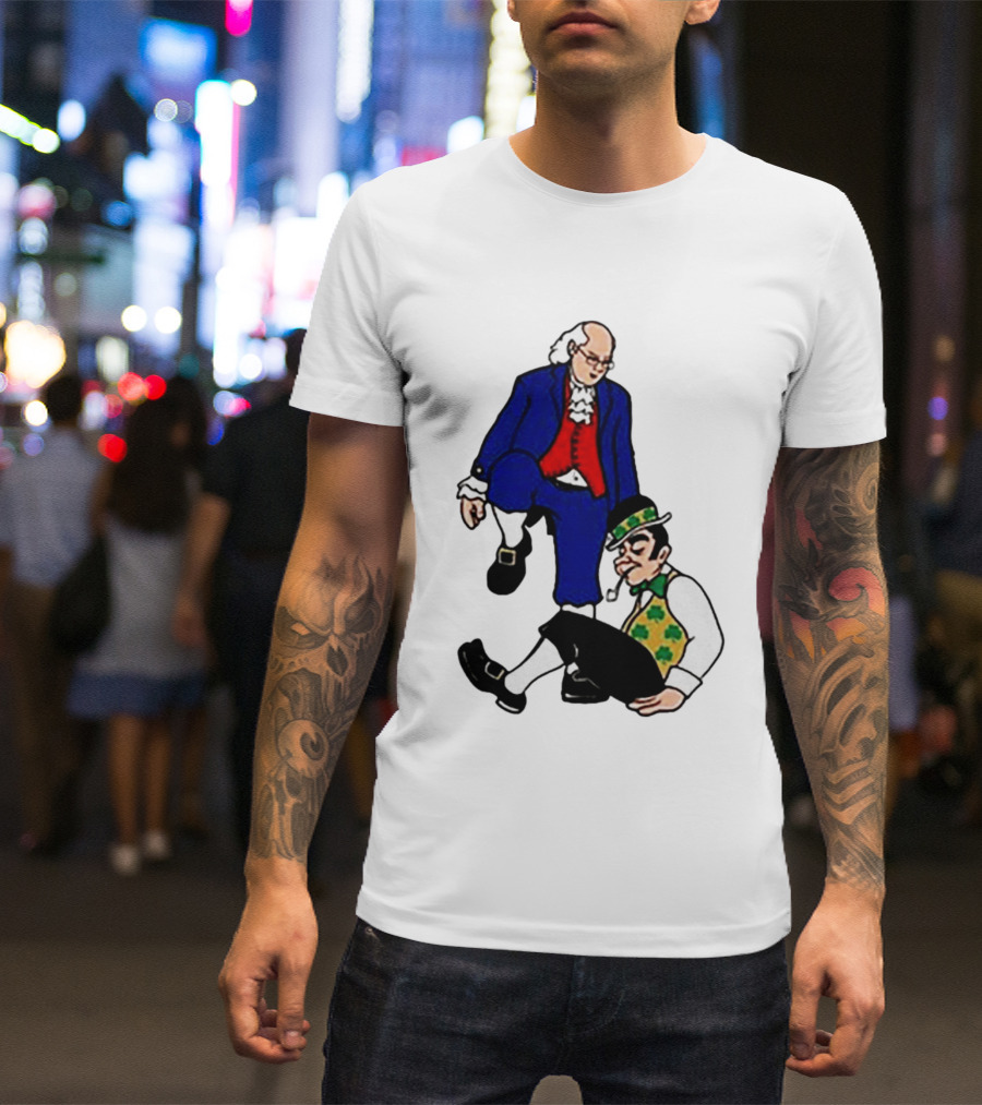 Ben Franklin Stepover Cartoon Colonial Vs Leprechaun T-Shirt