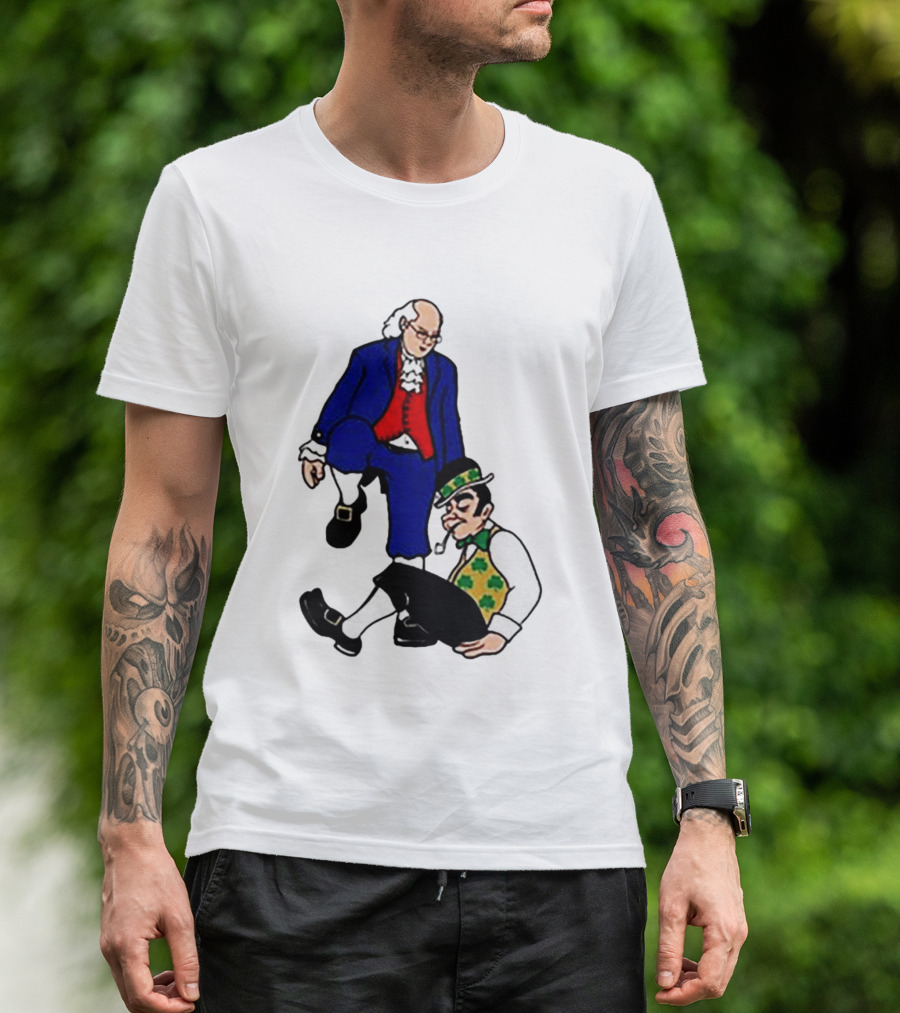 Ben Franklin Stepover Cartoon Colonial Vs Leprechaun T-Shirt