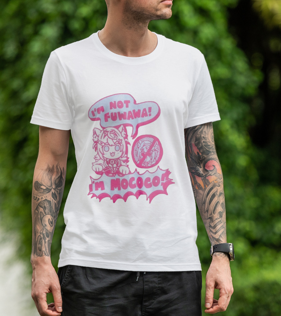 I'm Not Fuwawa I'm Mococo Anime Character Expression Pink And White Speech Bubbles T-Shirt