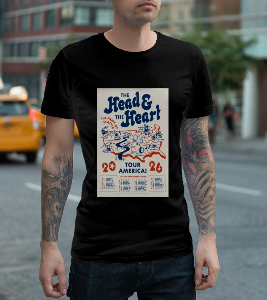 The Head And The Heart Tour America 2026 Pride Of Seattle Map 15 Year Anniversary T-Shirt