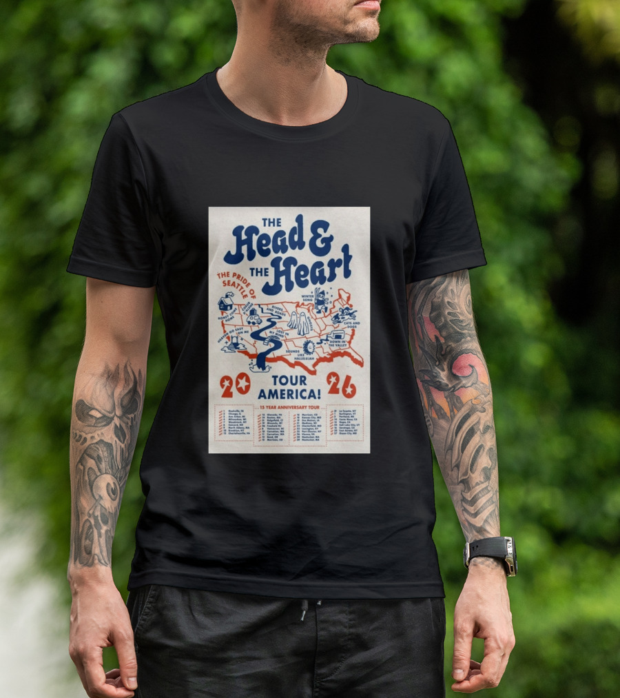The Head And The Heart Tour America 2026 Pride Of Seattle Map 15 Year Anniversary T-Shirt