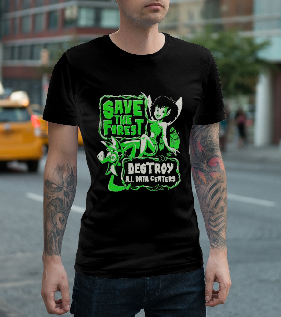 Save The Forest Destroy A.I. Data Centers Cartoon Fairy And Boar T-Shirt