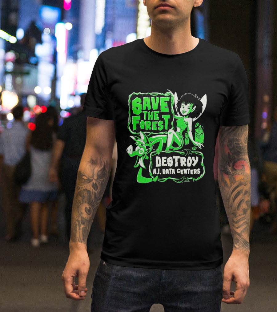 Save The Forest Destroy A.I. Data Centers Cartoon Fairy And Boar T-Shirt