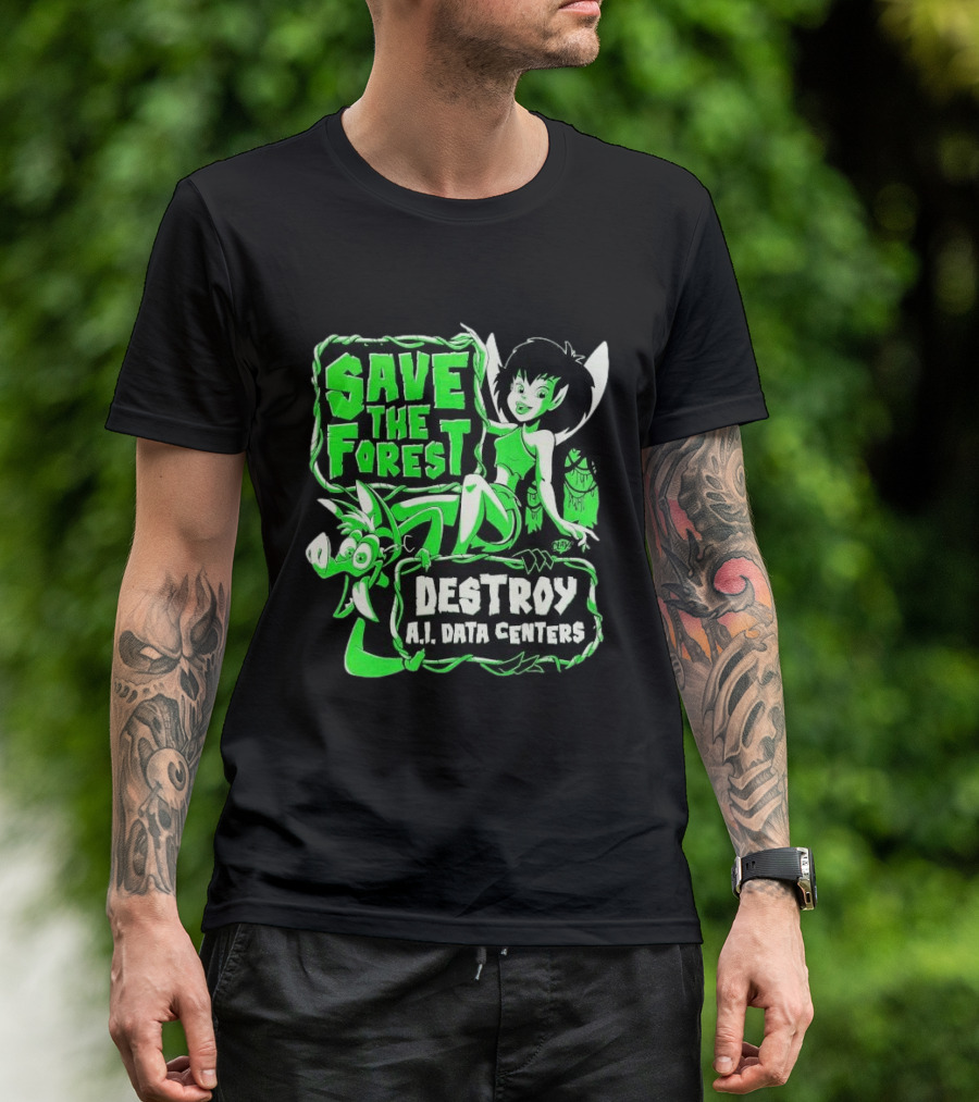 Save The Forest Destroy A.I. Data Centers Cartoon Fairy And Boar T-Shirt