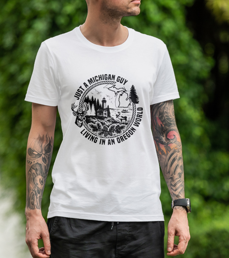 Just A Michigan Guy Living In An Oregon World Scenic Nature Scene With Deer Lighthouse And Trees T-Shirt