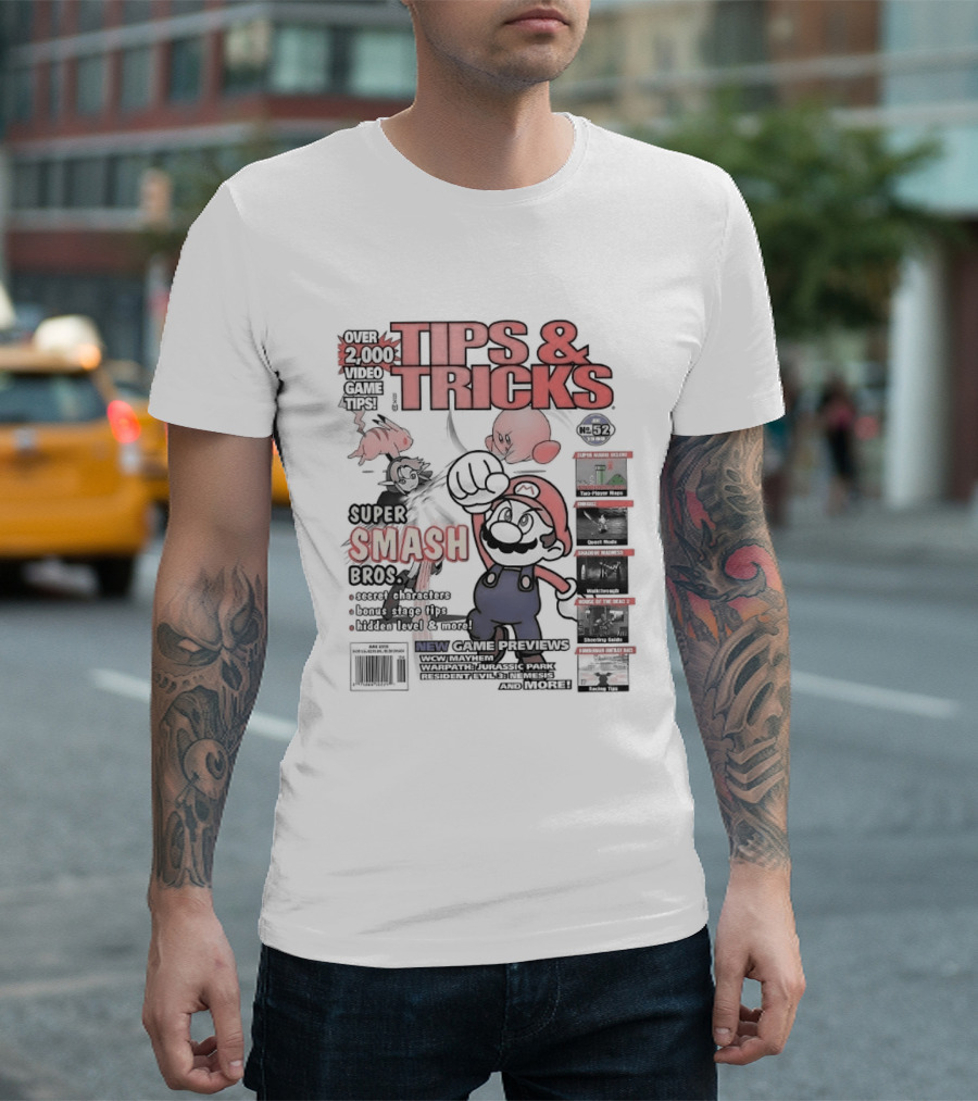 Super Smash Bros Over 2000 Video Game Tips And Tricks Retro Cover Mario Kirby Characters T-Shirt