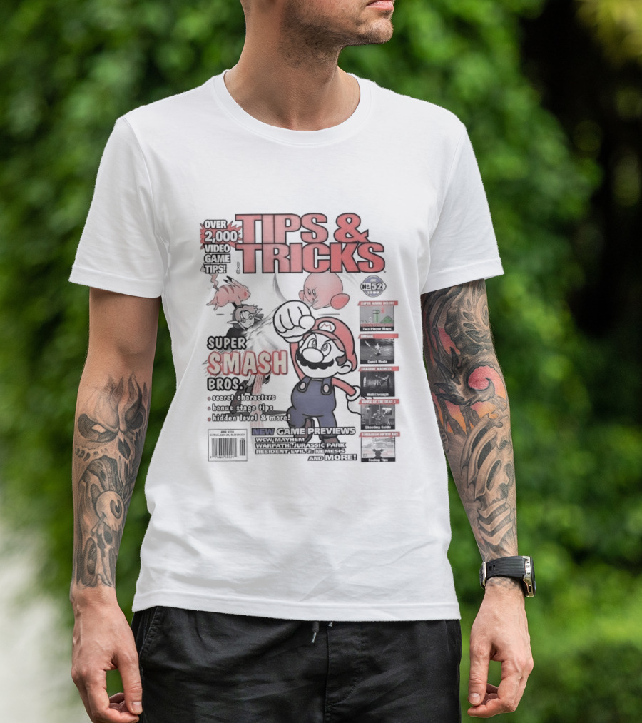 Super Smash Bros Over 2000 Video Game Tips And Tricks Retro Cover Mario Kirby Characters T-Shirt