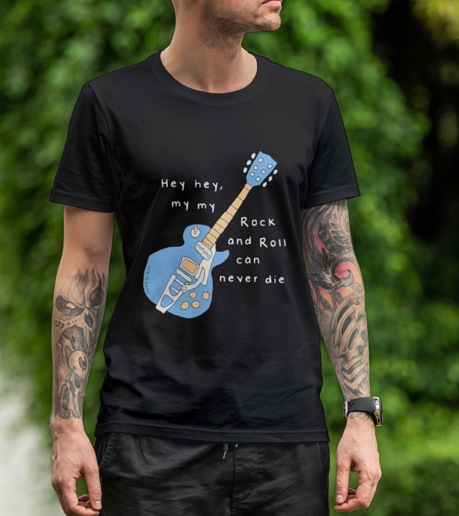 Hey Hey My My Rock And Roll Can Never Die Blue Guitar T-Shirt