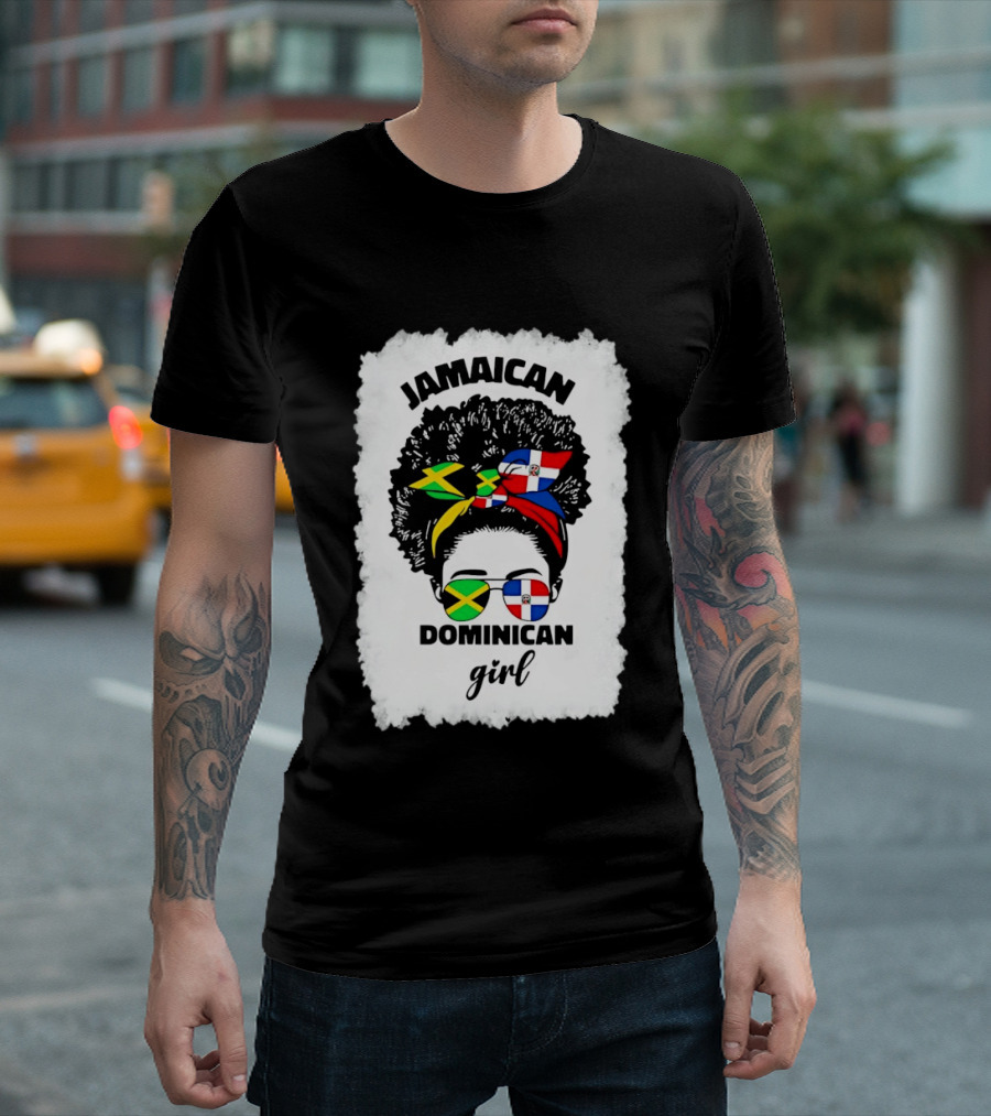 Jamaican Dominican Girl Afro Headwrap Flag Sunglasses T-Shirt