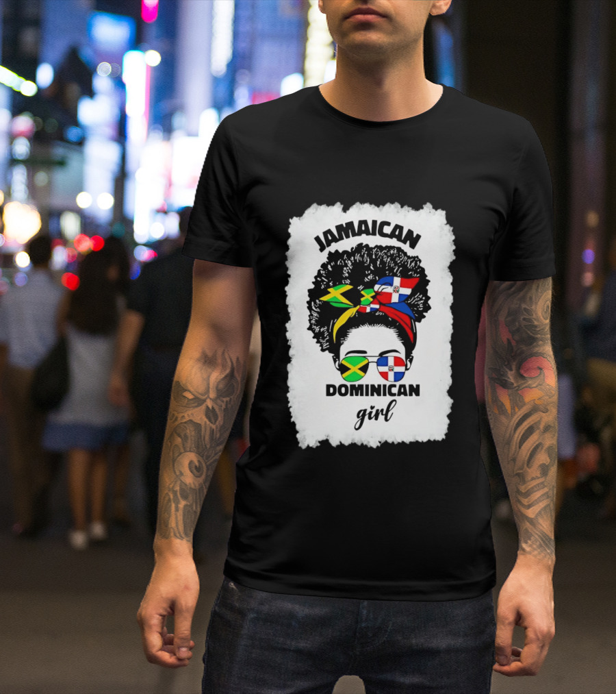 Jamaican Dominican Girl Afro Headwrap Flag Sunglasses T-Shirt