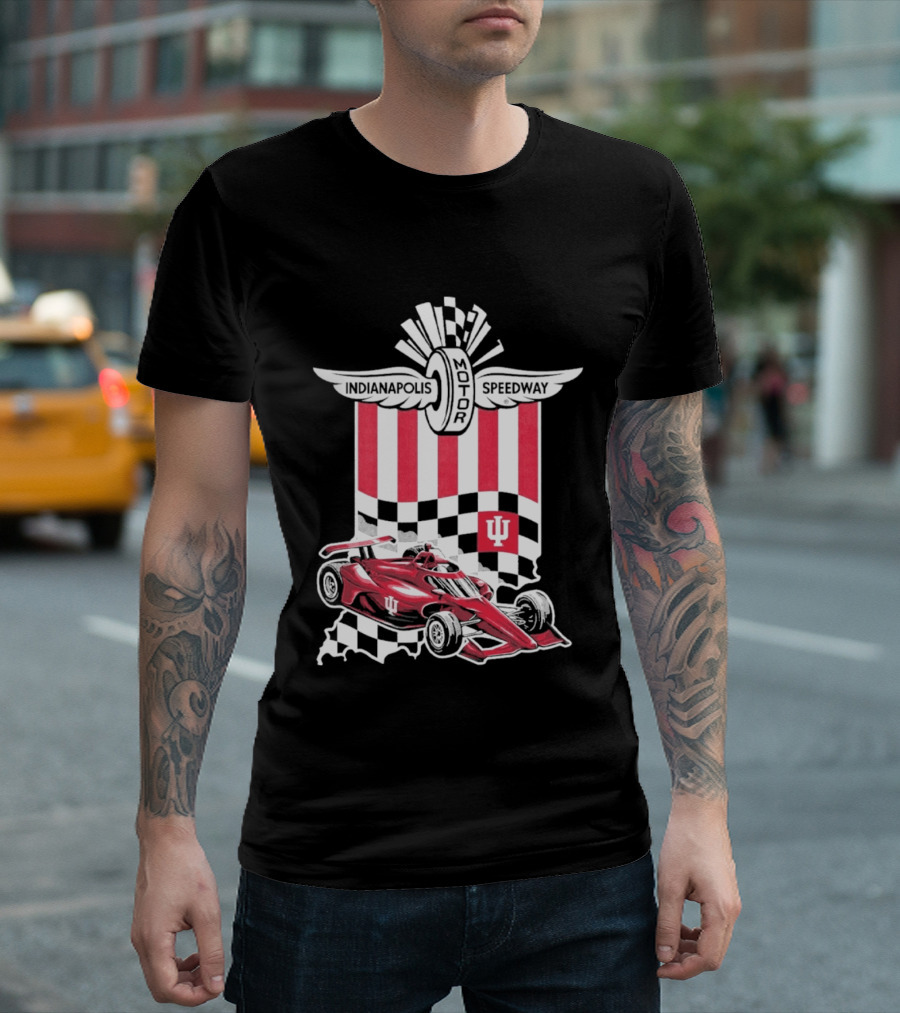 Indiana Hoosiers Red Race Car Indianapolis Motor Speedway Checker Flag T-Shirt