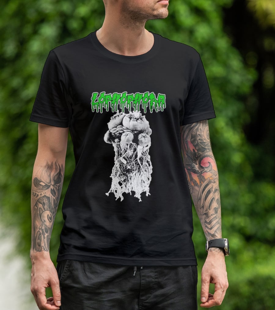 Lophophora Cactus Dripping Text With Detailed Root T-Shirt