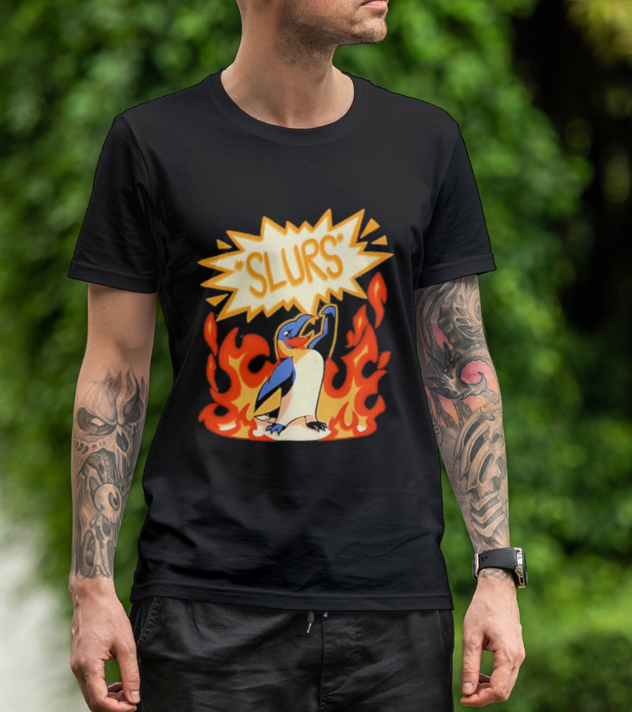 Penguin Slurs Cartoon Flaming Penguin In Fiery Speech Bubble T-Shirt