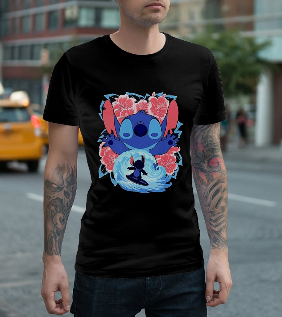 Lilo And Stitch Surfing Tropical Hibiscus Flowers T-Shirt